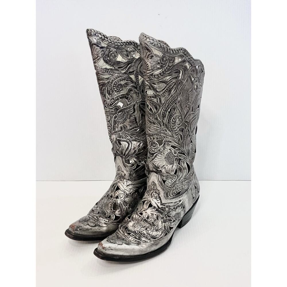 Leather Laser Cutout Silver Cowboy Boots Floral Hand Tooled Western Ornate SZ 8